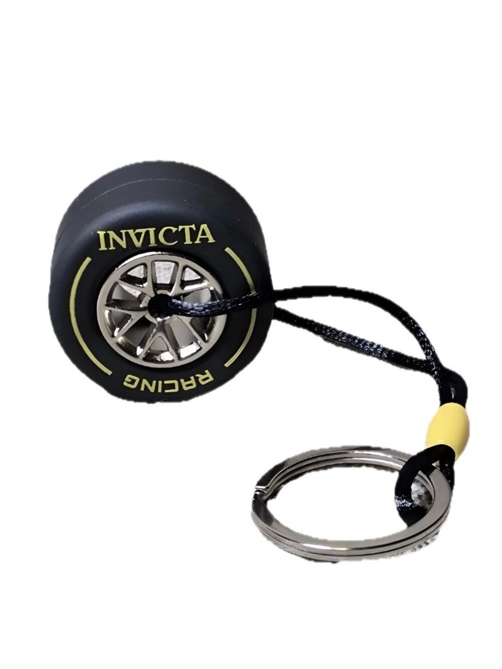 New Invicta Racing Wheel BLK Tire Metal Chrome Rim Yellow Print Key Chain NWT - Picture 4 of 4